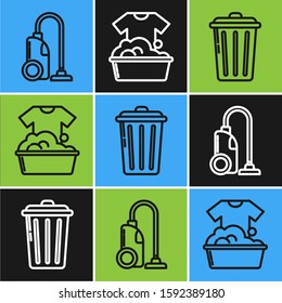 Set line Vacuum cleaner , Trash can  and Plastic basin with soap suds  icon. Vector