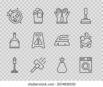 Set line Vacuum cleaner, Washer, Rubber gloves, Washing dishes, Wet floor, Garbage bag and Bar of soap icon. Vector