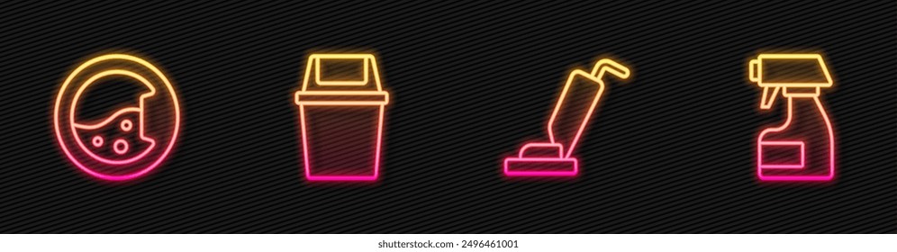 Aspiradora, lavadora, cubo de basura y botella de spray de limpieza. Icono de neón brillante. Vector