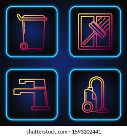 Set line Vacuum cleaner , Water tap , Trash can  and Squeegee, scraper, wiper. Gradient color icons. Vector