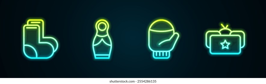 Set line Valenki, Russian doll matryoshka, Christmas mitten and Ushanka. Glowing neon icon. Vector