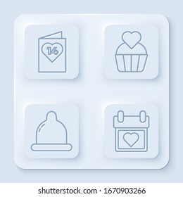 Fije el volante del día de San Valentín con corazón, pastel de boda con corazón, condón y calendario con corazón. Botón cuadrado blanco. Vector