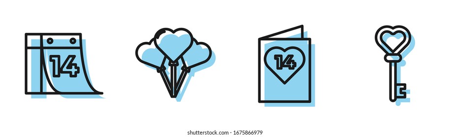Set line Valentines day flyer with heart, Calendar with February 14, Balloons in form of heart and Key in heart shape icon. Vector