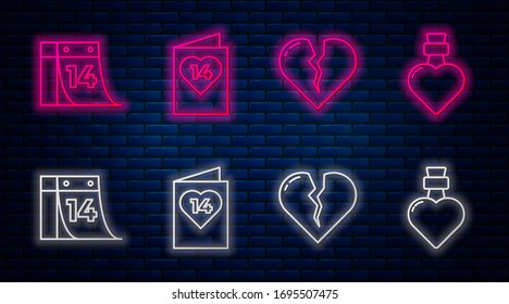 Set line Valentines day flyer with heart, Broken heart or divorce, Calendar with February 14 and Bottle with love potion. Glowing neon icon on brick wall. Vector