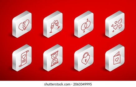 Set line Valentines day flyer with heart, Glass of champagne, Gender, Heart, Castle the shape, Broken, center hourglass and Envelope icon. Vector