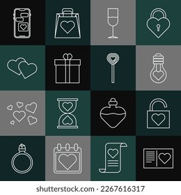 Set line Valentines day flyer with heart, Lock and, Heart shape light bulb, Wine glass, Gift box, Mobile and Lollipop icon. Vector
