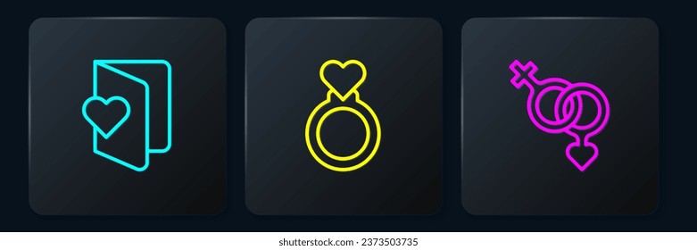 Set line Valentines day flyer, Gender and Wedding rings. Black square button. Vector