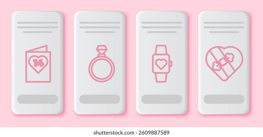 Set line Valentines day flyer with heart, Diamond engagement ring, Heart in the center wrist watch and Candy in heart shaped box. White rectangle button. Vector