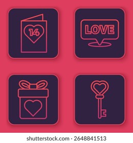 Set line Valentines day flyer with heart, Gift box with heart, Speech bubble with text love and Key in heart shape. Blue square button. Vector