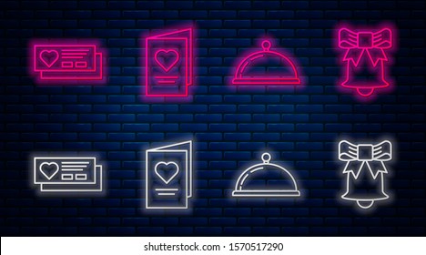 Set line Valentines day party flyer with heart, Covered with a tray of food, Ticket with heart and Ringing bell. Glowing neon icon on brick wall. Vector