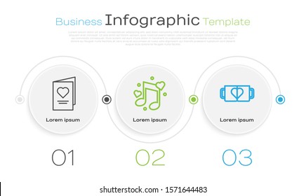 Set line Valentines day party flyer with heart, Music note, tone with hearts and Two coffee cup and heart. Business infographic template. Vector