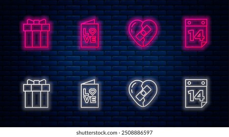 Set line Valentines day party flyer, Healed broken heart, Gift box and Calendar with February 14. Glowing neon icon on brick wall. Vector