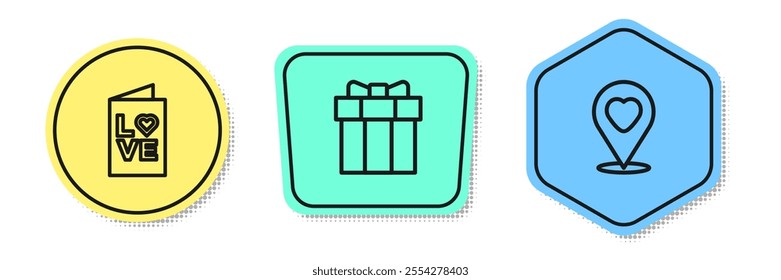 Set line Valentines day party flyer, Gift box and Location with heart. Colored shapes. Vector