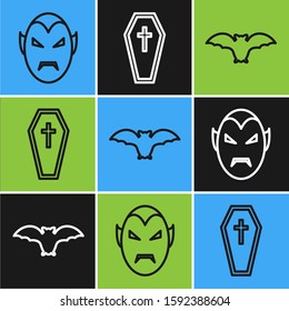 Set line Vampire , Flying bat  and Coffin with christian cross  icon. Vector