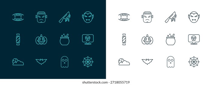 Set line Vampire, Flying bat, Halloween witch cauldron, Ghost, Pumpkin, Bloody knife, teeth and Frankenstein face icon. Vector