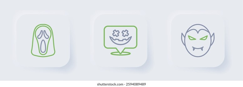 Set line Vampire, Happy Halloween holiday and Funny and scary ghost mask icon. Vector