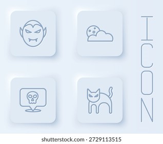 Set line Vampire, Moon and stars, Skull and Black cat. White square button. Vector