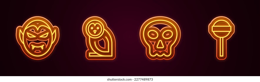 Set line Vampire, Owl bird, Skull and Lollipop. Glowing neon icon. Vector