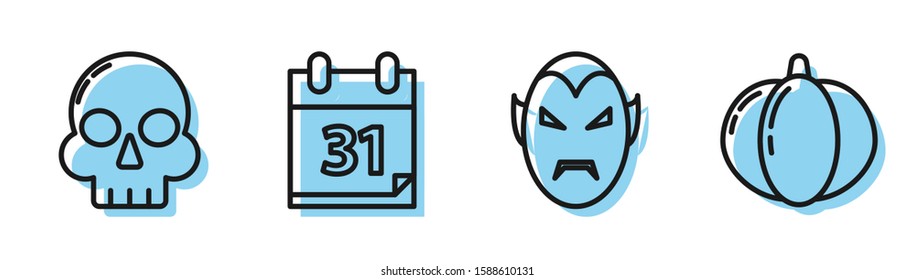 Set line Vampire , Skull , Calendar with Halloween date 31 october and Pumpkin  icon. Vector