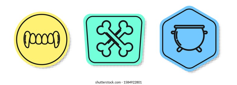 Set line Vampire teeth , Crossed bones  and Halloween witch cauldron . Colored shapes. Vector