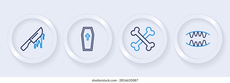 Set line Vampire teeth, Crossed bones, Coffin with christian cross and Bloody knife icon. Vector