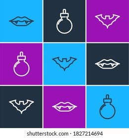Set line Vampire teeth, Flying bat and Bomb ready to explode icon. Vector