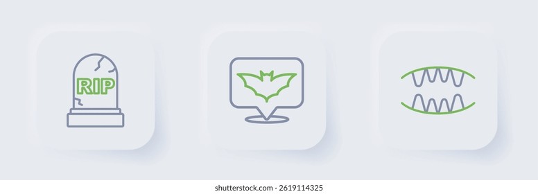 Set line Vampire teeth, Flying bat and Tombstone with RIP written icon. Vector