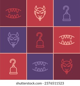 Fijar la línea Dientes de vampiro, gancho de Pirata e icono de la cabeza del diablo. Vector