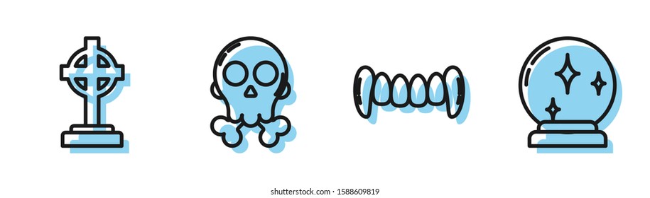 Set line Vampire teeth , Tombstone with cross , Skull on crossbones  and Magic ball  icon. Vector