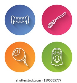 Set line Vampire teeth , Witches broom , Eye  and Funny and scary ghost mask for Halloween . Color circle button. Vector