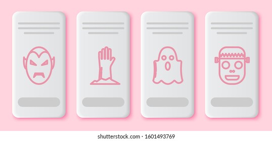 Set line Vampire , Zombie hand , Ghost  and Zombie mask . White rectangle button. Vector
