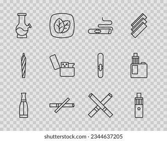Set Linie Vape Flasche Flüssigkeit, mod Gerät, Zigarre, Rauchen, Bong, Feuerzeug, Zigarette und Symbol. Vektorgrafik