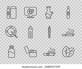 Set line Vape botella líquida, hoja de tabaco, Bong, encendedor, cigarrillo Electrónica, cigarro y cigarrillo icono. Vector