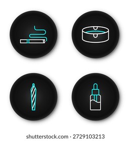 Set line Vape botella líquida, marihuana, spliff, cenicero y cigarrillo icono. Vector