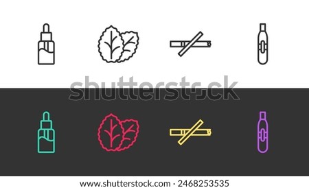 Set line Vape liquid bottle, Tobacco leaf, No smoking and Electronic cigarette on black and white. Vector