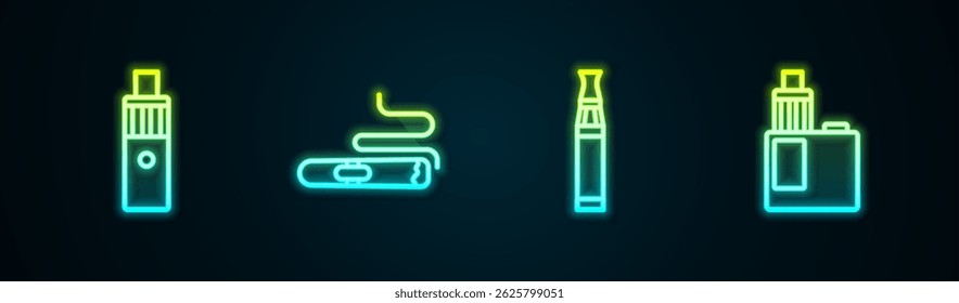 Definir linha Vape mod dispositivo, charuto, cigarro eletrônico e . Ícone de néon brilhante. Vetor