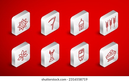 Set line Varenyky in a bowl, Scythe, Church tower, Wheat, Ukrainian cossack, Sunflower, Mother Motherland monument and Chestnut leaf icon. Vector