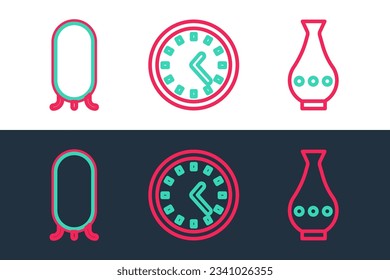 Set line Vase, Big full length mirror and Clock icon. Vector