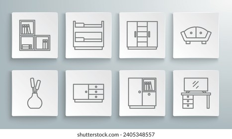 Set line Vase, Bunk bed, Chest of drawers, Wardrobe, TV table stand, Sofa and Shelf with books icon. Vector