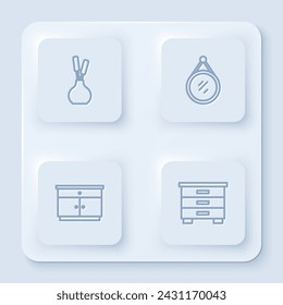 Set line Vase, Mirror, Furniture nightstand and . White square button. Vector