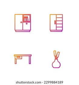 Set line Vase, Office desk, Wardrobe and . Gradient color icons. Vector