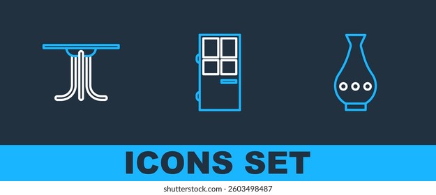 Set line Vase, Round table and Closed door icon. Vector