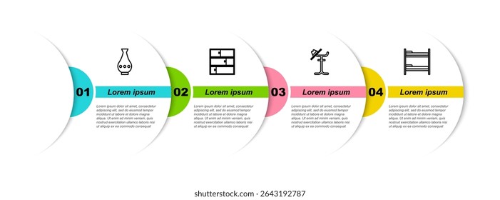 Definir linha Vaso, Prateleira, Suporte de Casaco e cama de bloco. Modelo de infográfico comercial. Vetor