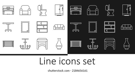 Set line Vase, Sofa, Toilet bowl, Picture, Round table, Grand piano, Shelf and Armchair icon. Vector