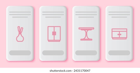 Set line Vase, Wardrobe, Round table and Chest of drawers. White rectangle button. Vector
