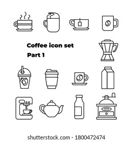Set of line vector coffee icons. Linear simple draw of pastry, cups, coffepot, teapot, packs of coffee, cezve, frappe for menu and landings.
