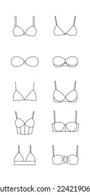 Conjunto de planos vectoriales de línea del sostén de la mujer aislado sobre fondo blanco