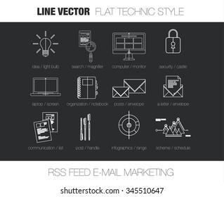 Set of line vector elements and logos of e-mail marketing service system, rss feed, subscribe mail list for everyday updates concept, with line technique objects and line illustration of connections