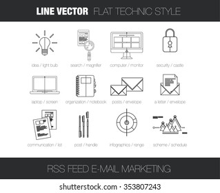 Set of line vector elements and logos of e-mail marketing service system, rss feed, subscribe mail list for everyday updates concept, with line technic objects and line illustration of connections