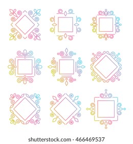 Set of line vector frames with  geometric shapes tribal, lace motives,. Elements for logo design, letter monogram, badge. 